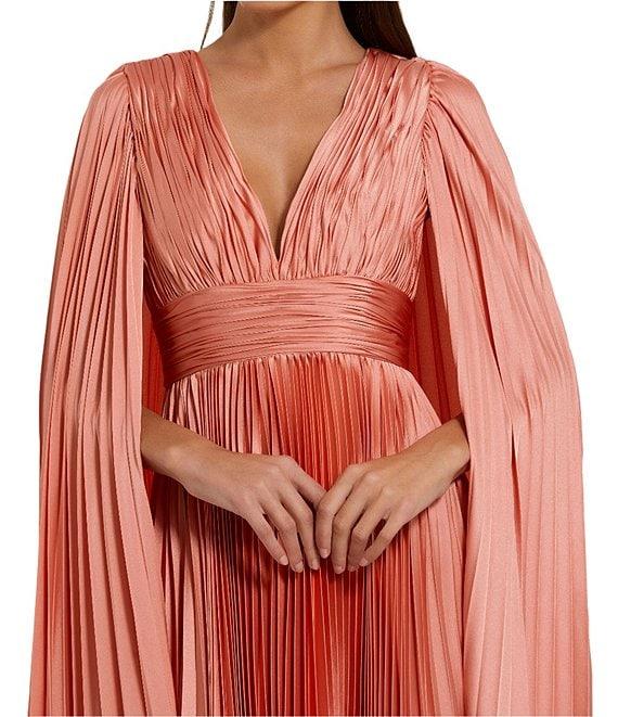 Mac Duggal Pleated Charmeuse V-Neck Cape Sleeve Gown Product Image