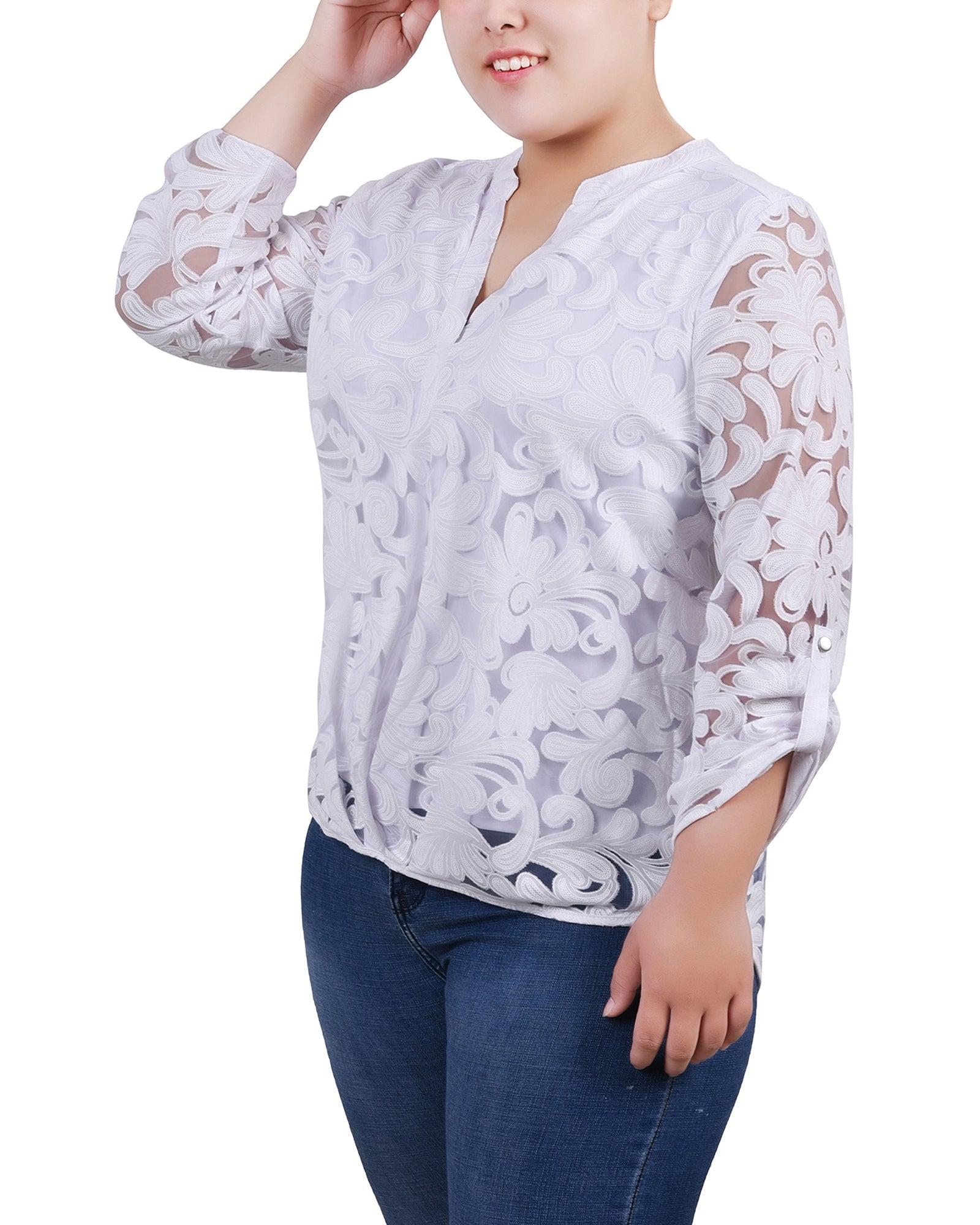 White Scrolleaf Long Sleeve Burnout Y Neck Blouse - Plus Product Image