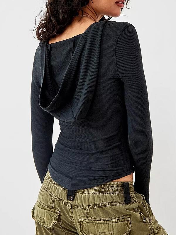 Solid Color Breasted Hooded Slim Long Sleeve Knit Product Image