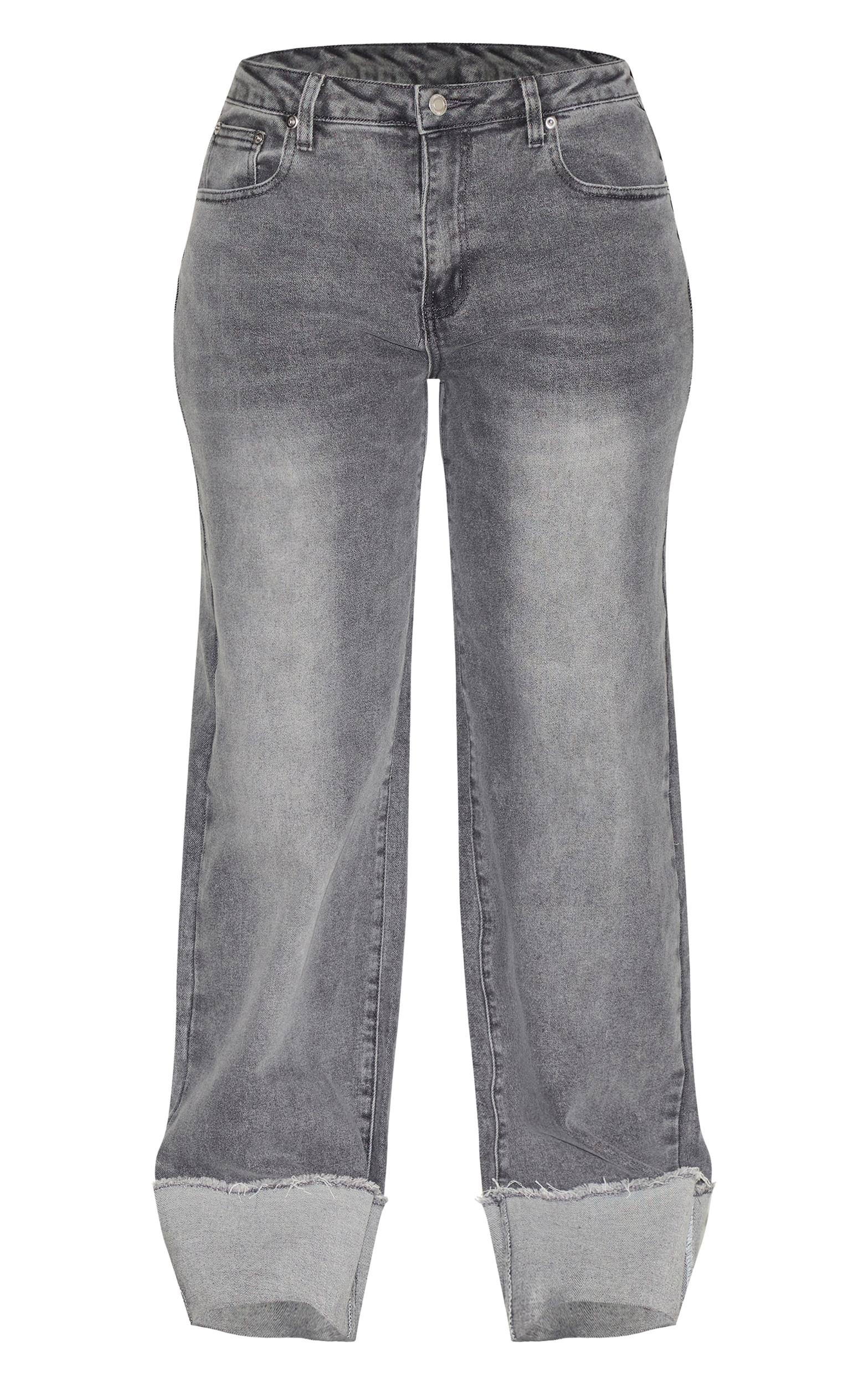  Shape Grey Stretch Denim Highwaisted Distressed Turn Up Hem Jeans Product Image