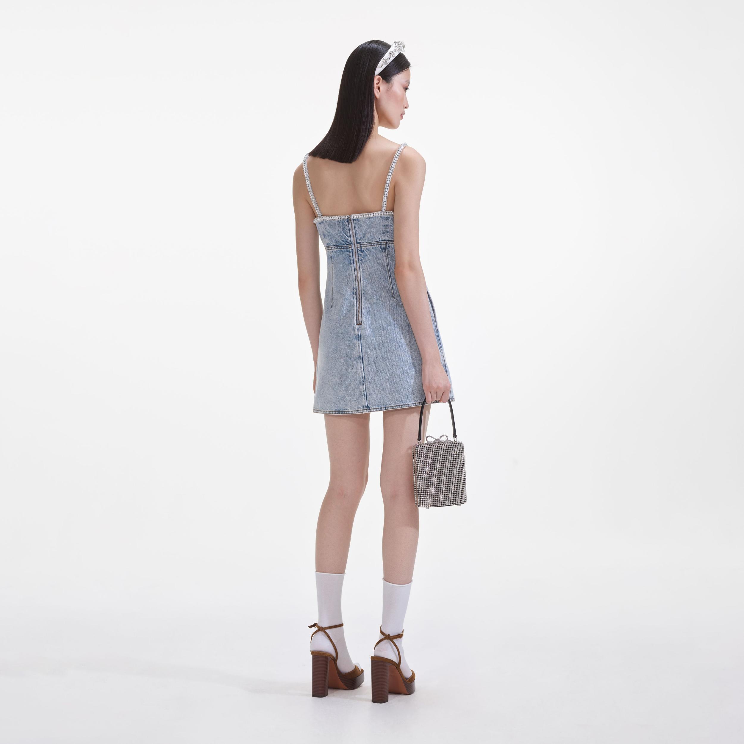 Light Blue Denim Pearl Mini Dress Product Image