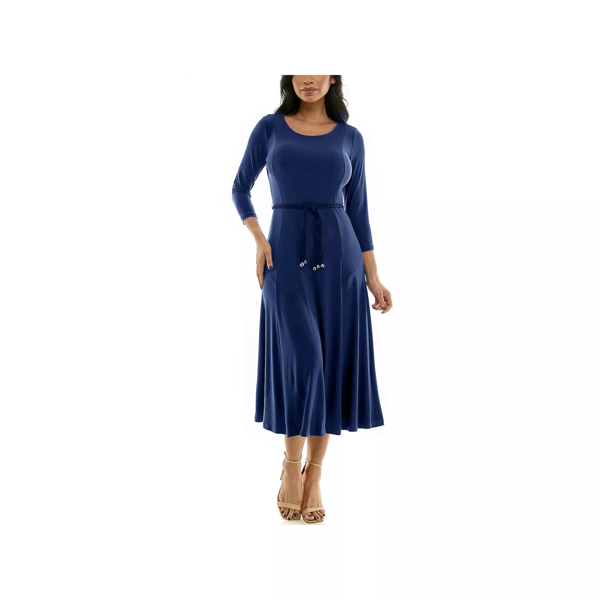 Women's Nina Leonard Sylvia Three-Quarter Sleeve Belted Midi Dress,  Product Image
