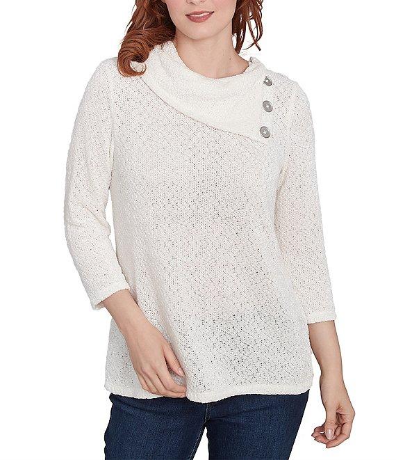 Ruby Rd. Sequin Chenille Knit Cowl Asymmetrical Neck 3/4 Sleeve Sweater Product Image