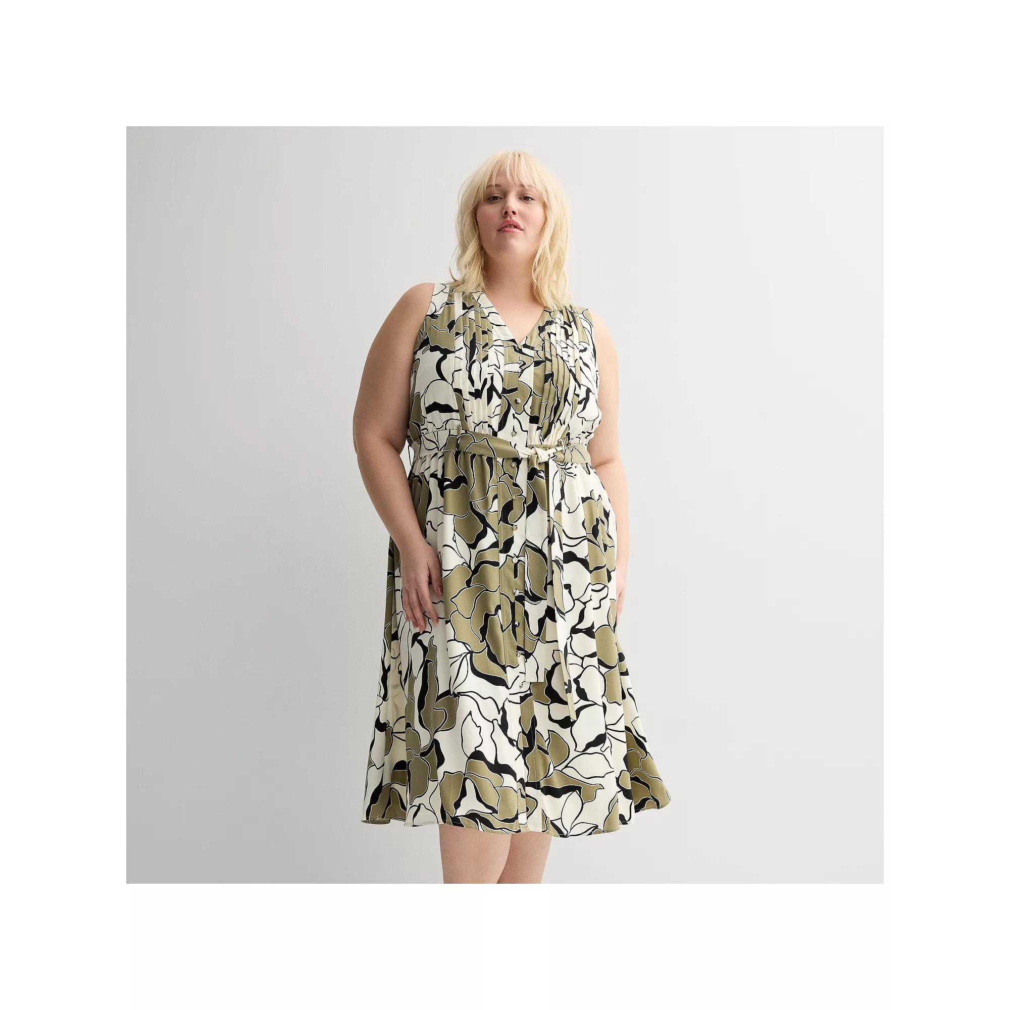 Plus Size Nine West Pintuck Sleeveless Midi Dress, Women's, Size: 3XL, Green Crystal Bloom Product Image