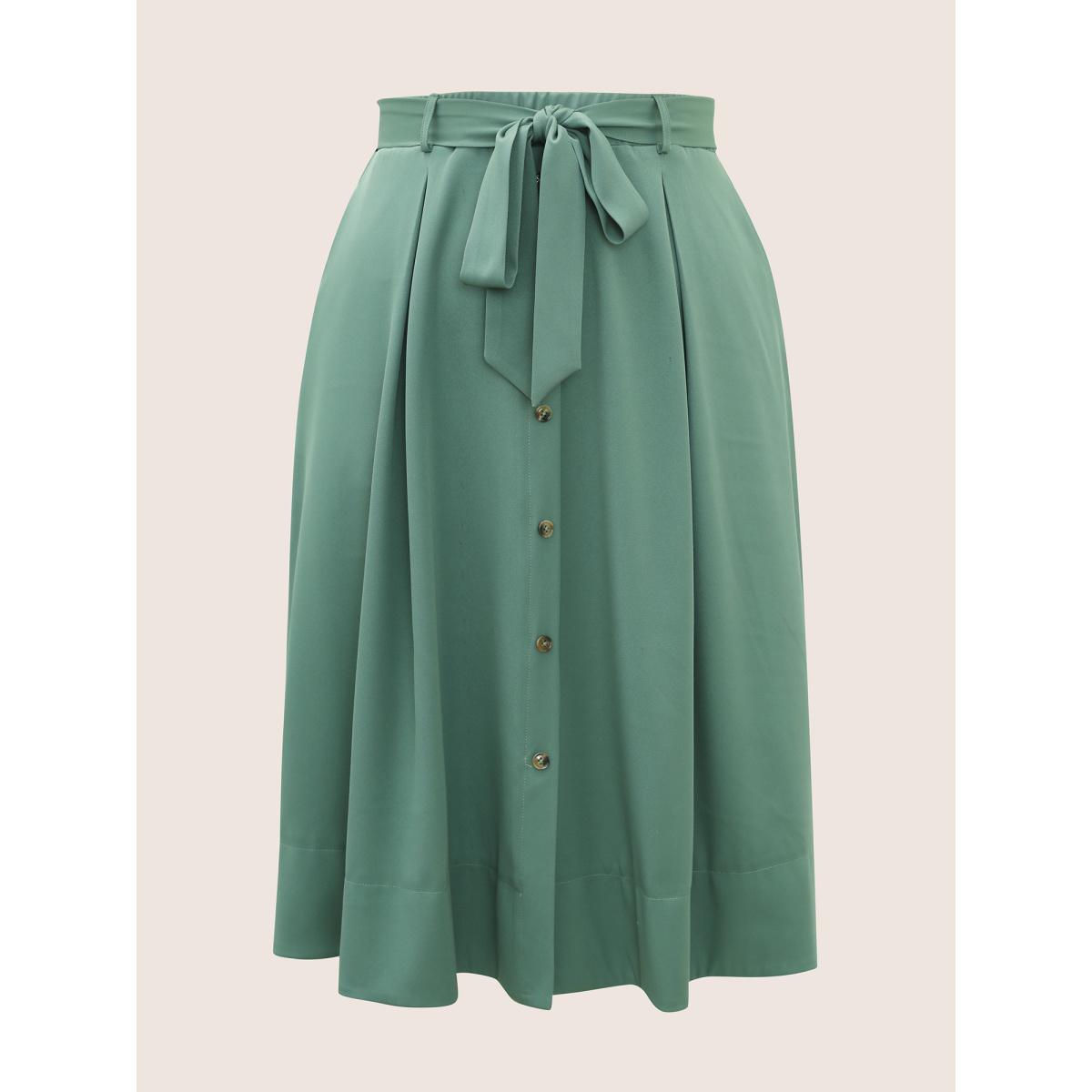 Plus Size Plain Elastic Waist Pleated Belted Skirt Women Mint At the Office Belted No stretch Slanted pocket Belt Work Skirts BloomChic 18-20/2X Product Image