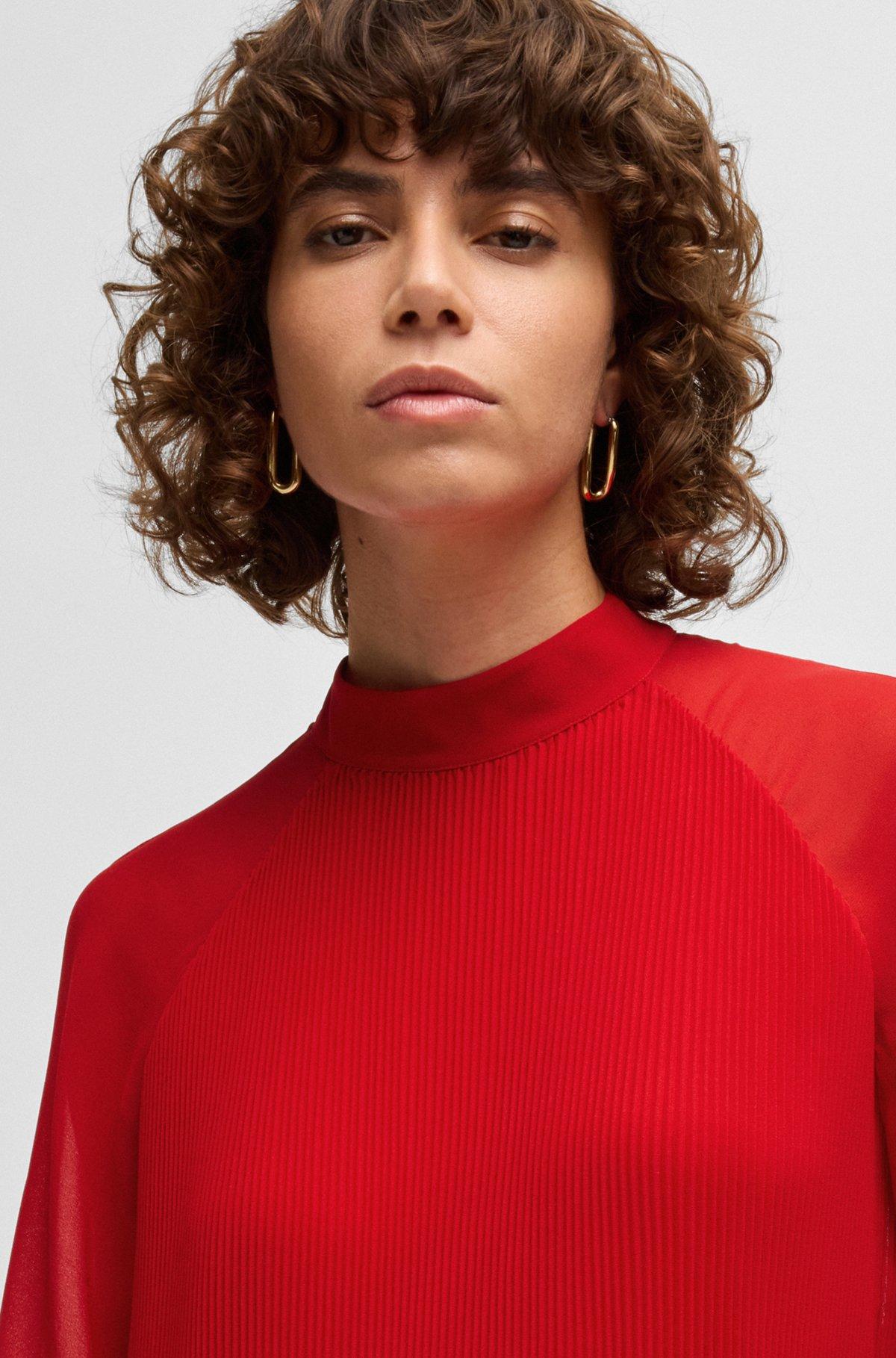 High-neck dress with plissé pleats and sheer sleeves Product Image