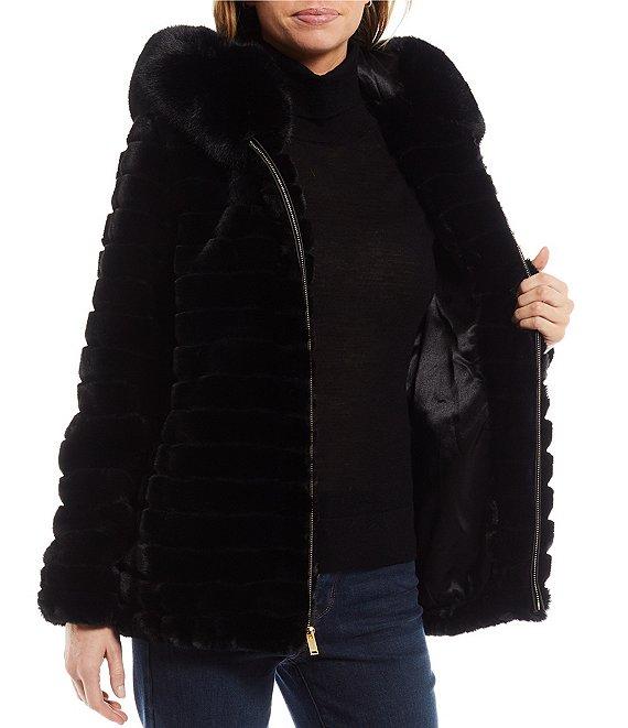 Gallery Faux Fur Stand Collar Long Sleeve Grooved Hooded Jacket Product Image