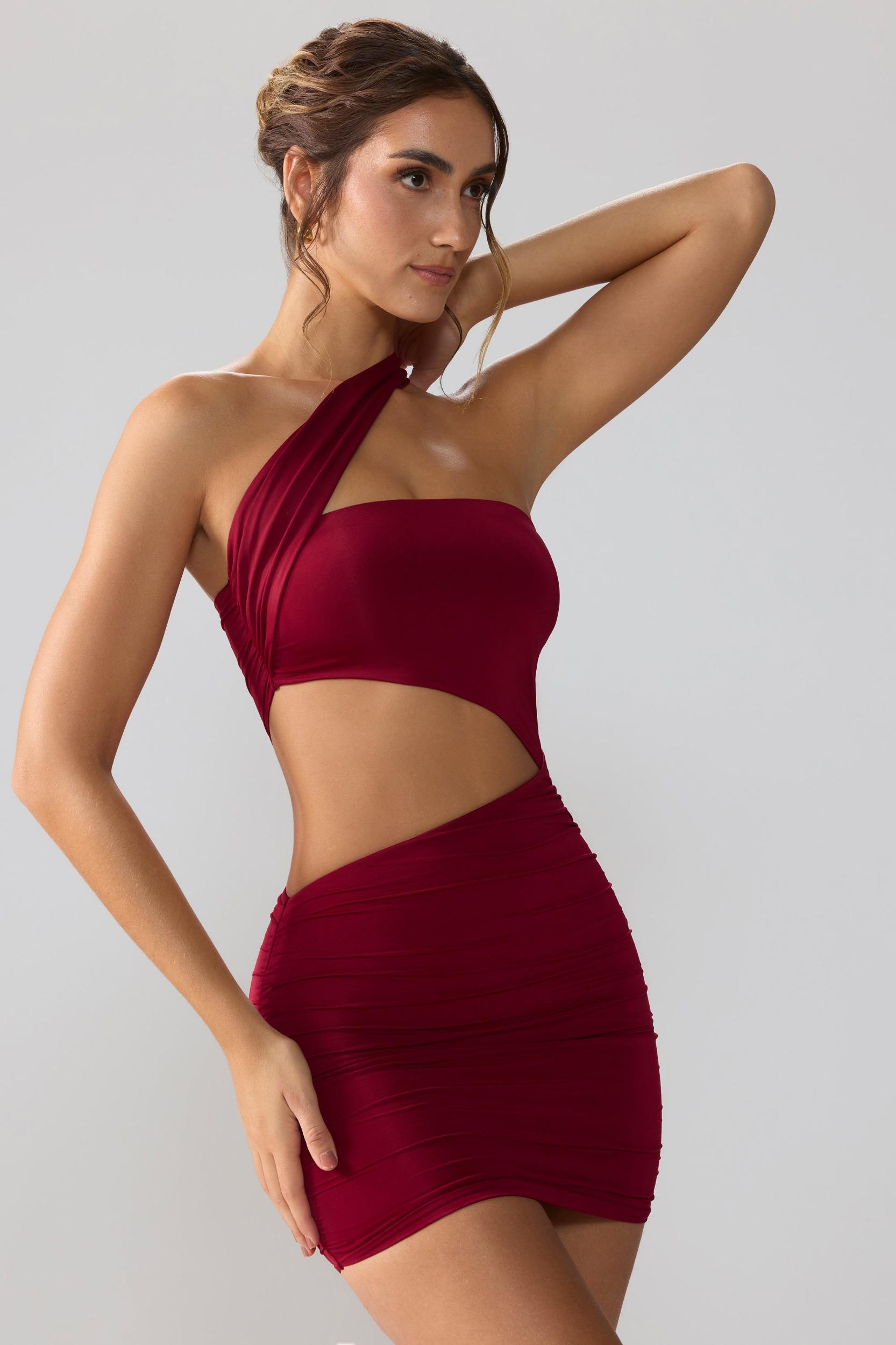 Slinky Jersey Ruched Cut Out Mini Dress in Ruby Product Image