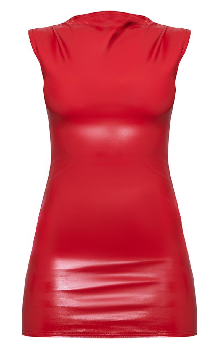 Cherry Red Faux Leather High Neck Ruched Mini Dress Product Image