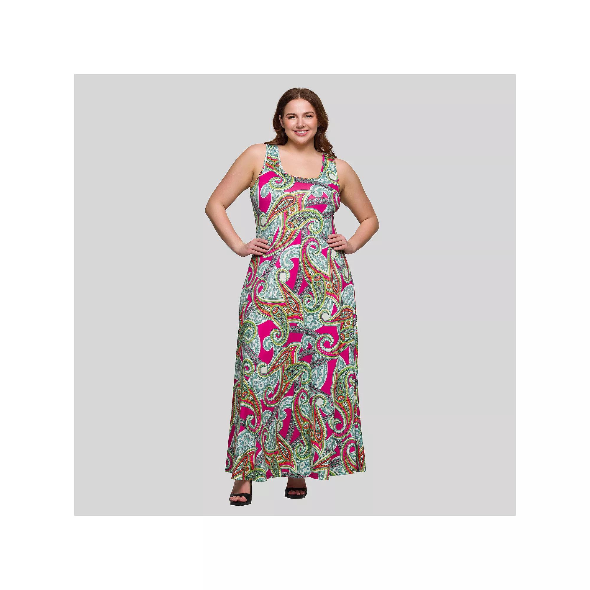 Plus Size 24Seven Comfort Apparel Paisley Print Scoop Neck A-Line Maxi Dress, Women's, Size: 2XL, Pink Team Product Image