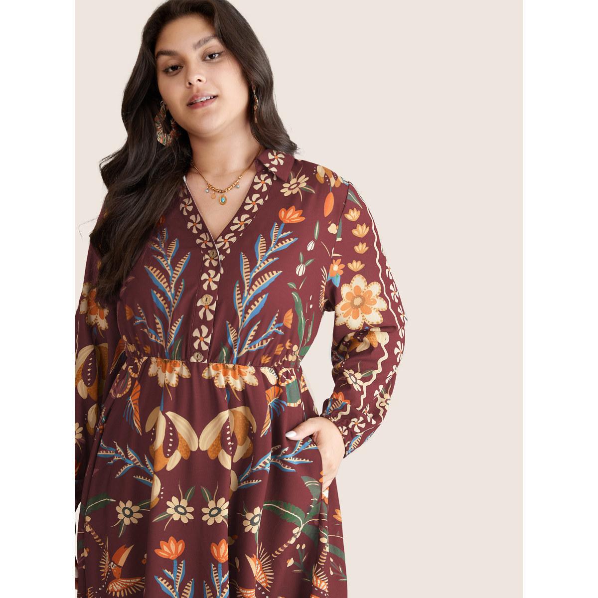 Plus Size Bandana Print Pocket Lapel Collar Elastic Cuffs Dress Scarlet Women Resort Non V-neck Long Sleeve Curvy Midi Dress BloomChic 14-16/1X Product Image