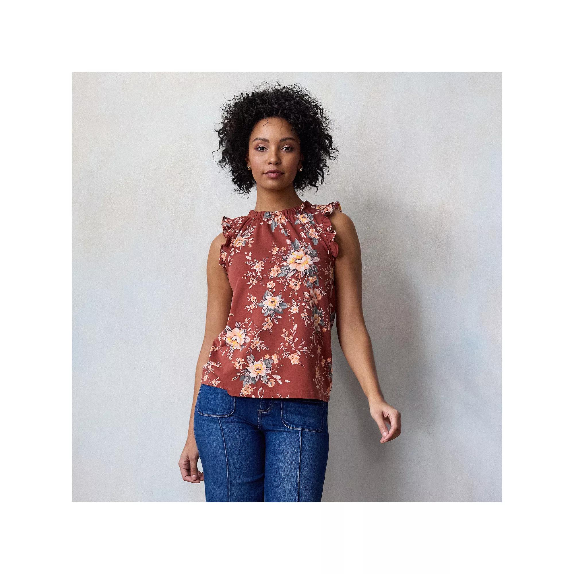 Petite LC Lauren Conrad Ruffle Sleeve Crewneck Top, Women's, Size: XXL Petite, Red Genevieve Garden Product Image