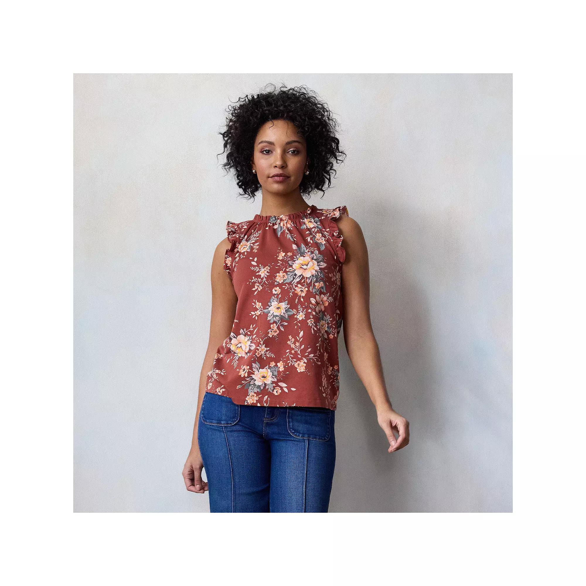 Petite LC Lauren Conrad Ruffle Sleeve Crewneck Top, Women's, Size: XXL Petite, Red Genevieve Garden Product Image