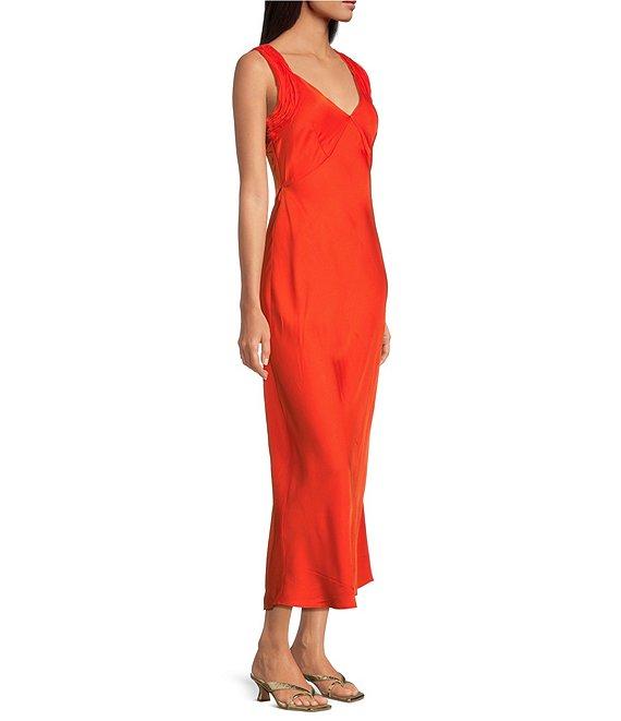 French Connection Ennis Satin V-Neck Wide Ruched Straps Sheath Maxi Dress Product Image