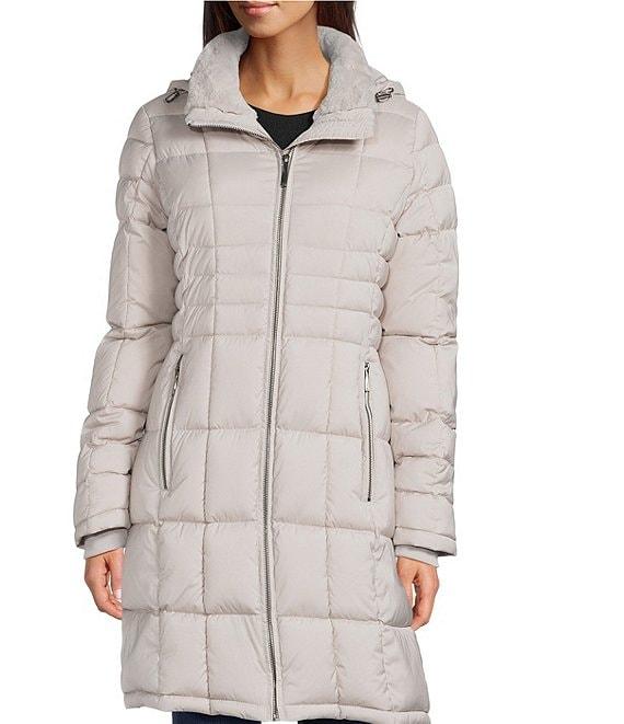 Donna Karan Faux Fur Trim Hooded Neck Zip Front Walker Puffer Coat Product Image