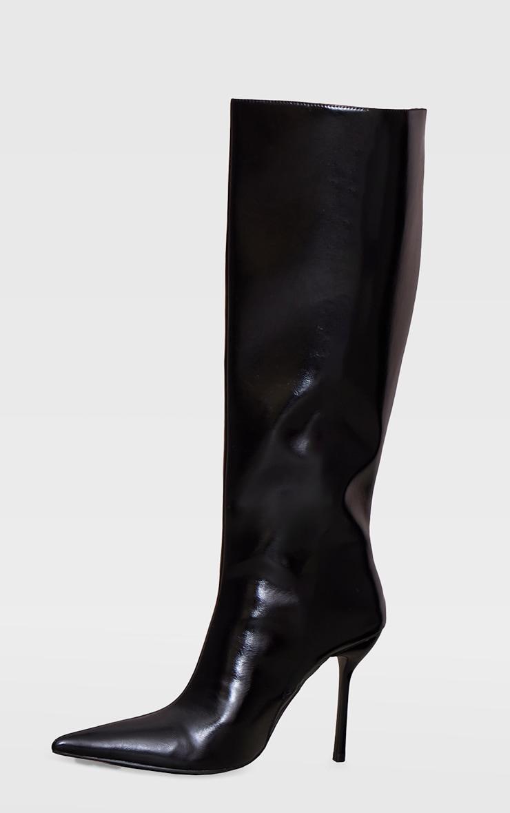 Black PU Point Toe Knee High Stiletto Heeled Boots Product Image