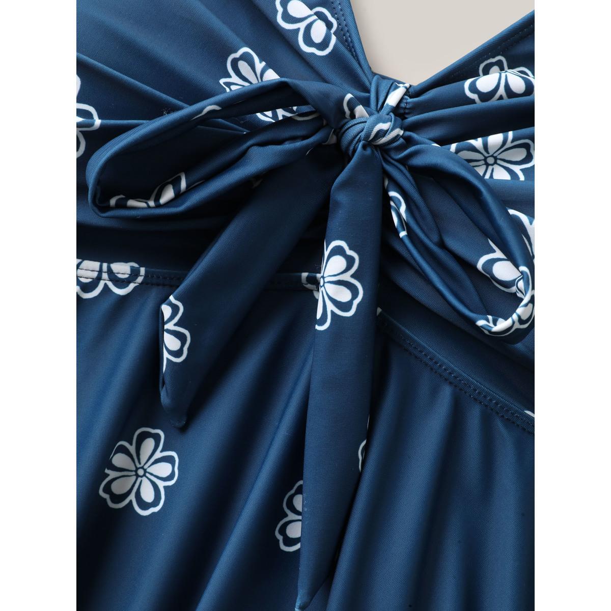 Plus Size Floral Fun Knotted Bodice Swim Dress Women's Swimwear Indigo Resort Bodycon V-neck High stretch Curve Swim Dresses BloomChic 10/M Product Image