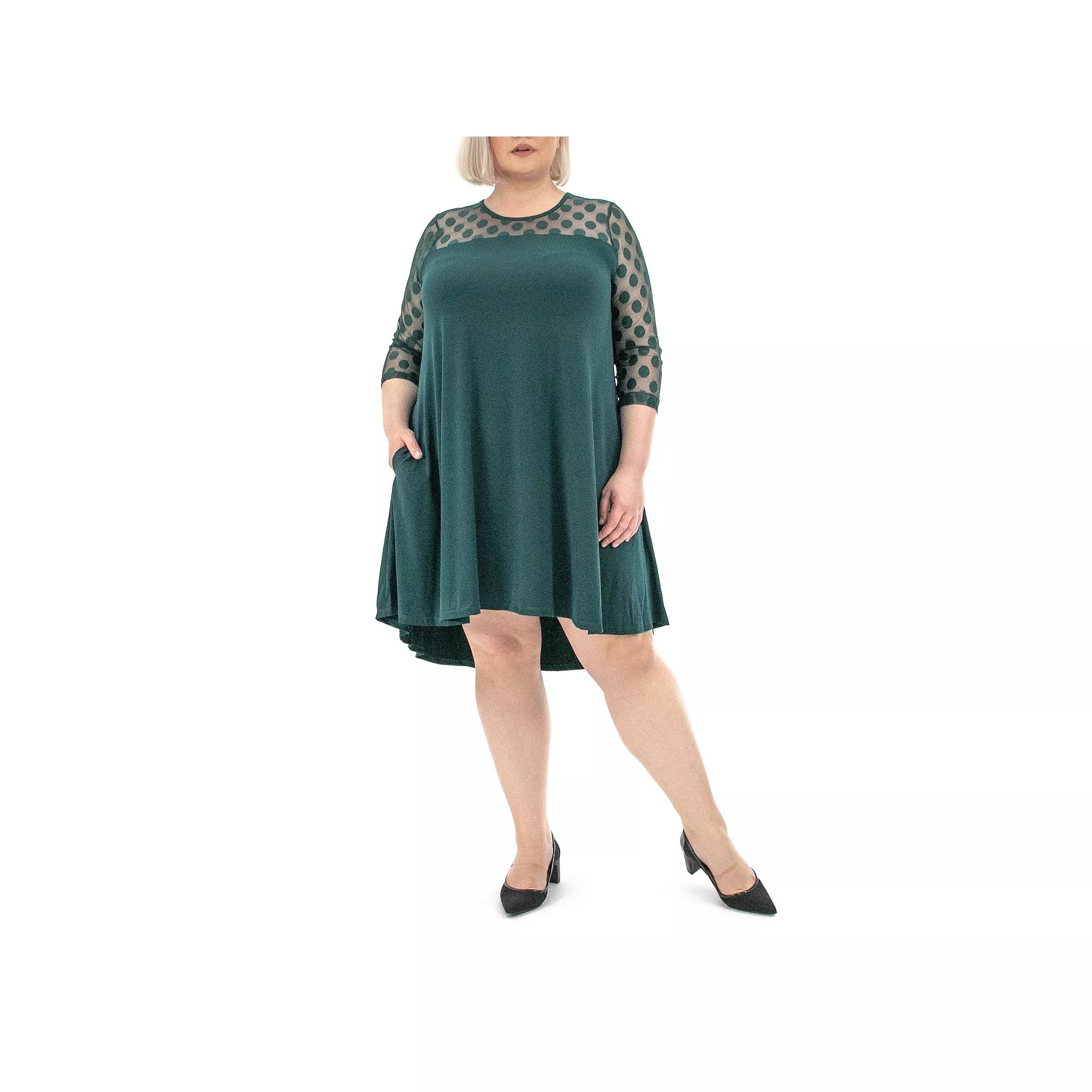 Plus Size Nina Leonard Dot-Mesh Yoke Swing Dress, Women's, Size: 2XL, Rich Green Product Image