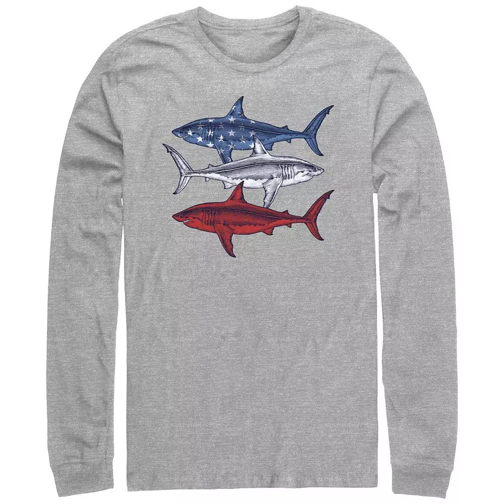 Men's Red White And Blue Sharks Long Sleeve Graphic Tee, Size: XL, Athletic Grey Product Image