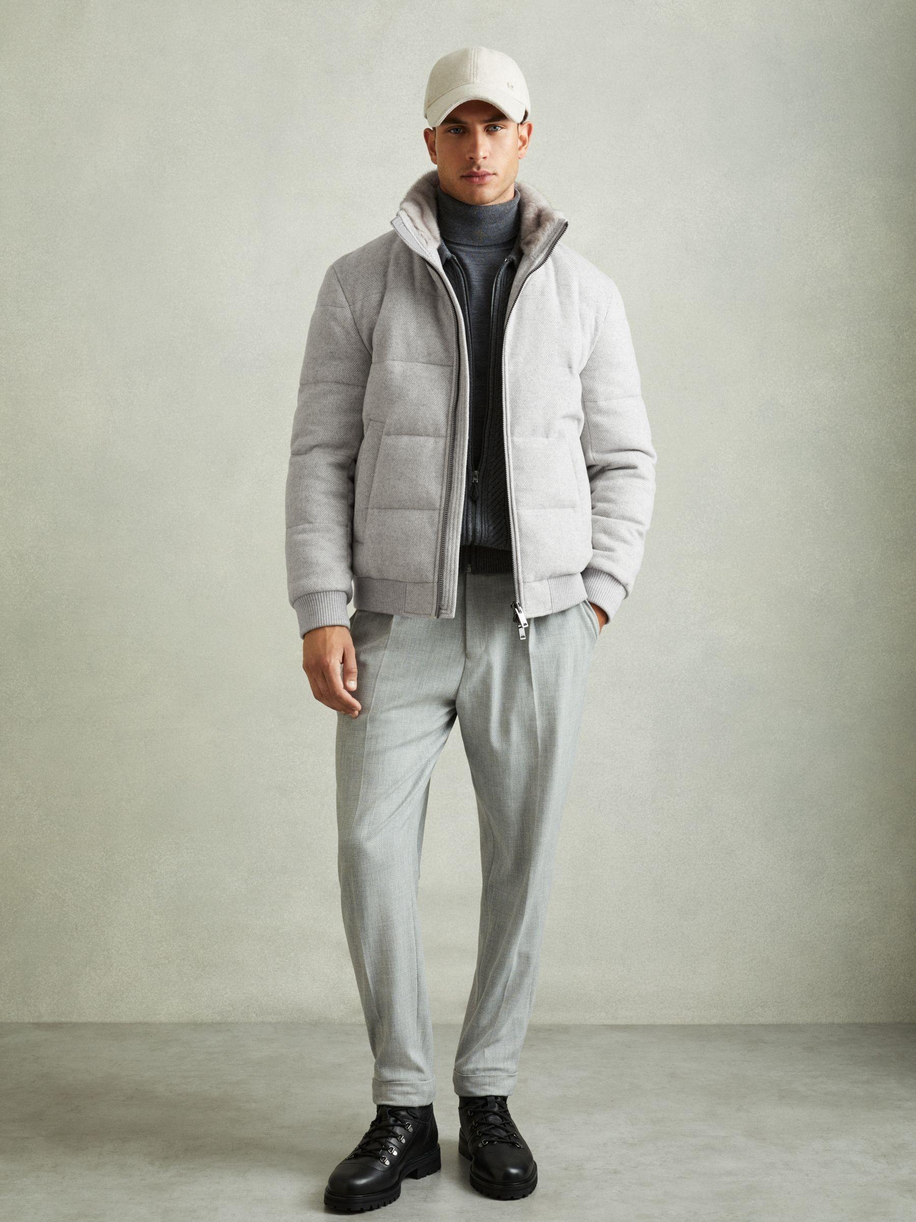 Quilted Wool-Blend herringbone and Faux-Fur Jacket in Soft Grey Melange Product Image