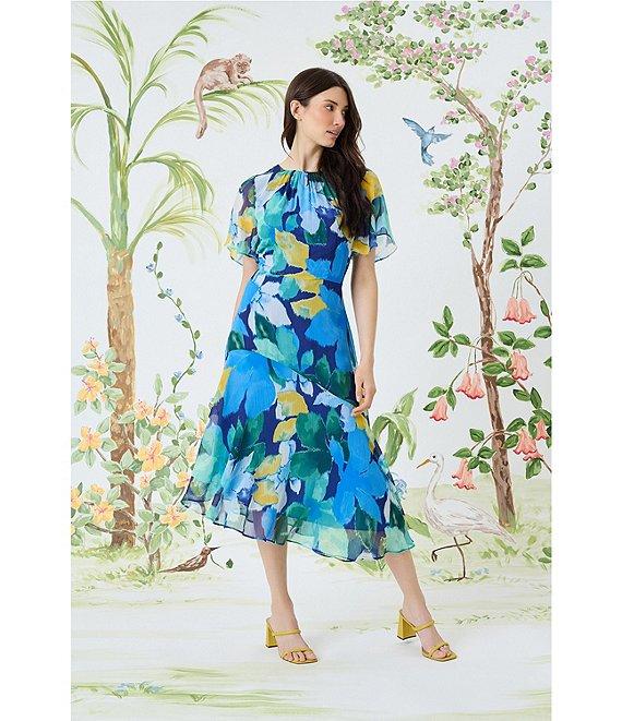 Maggy London Floral Print Round Neckline Short Sleeve Asymmetrical Hem Midi Dress Product Image