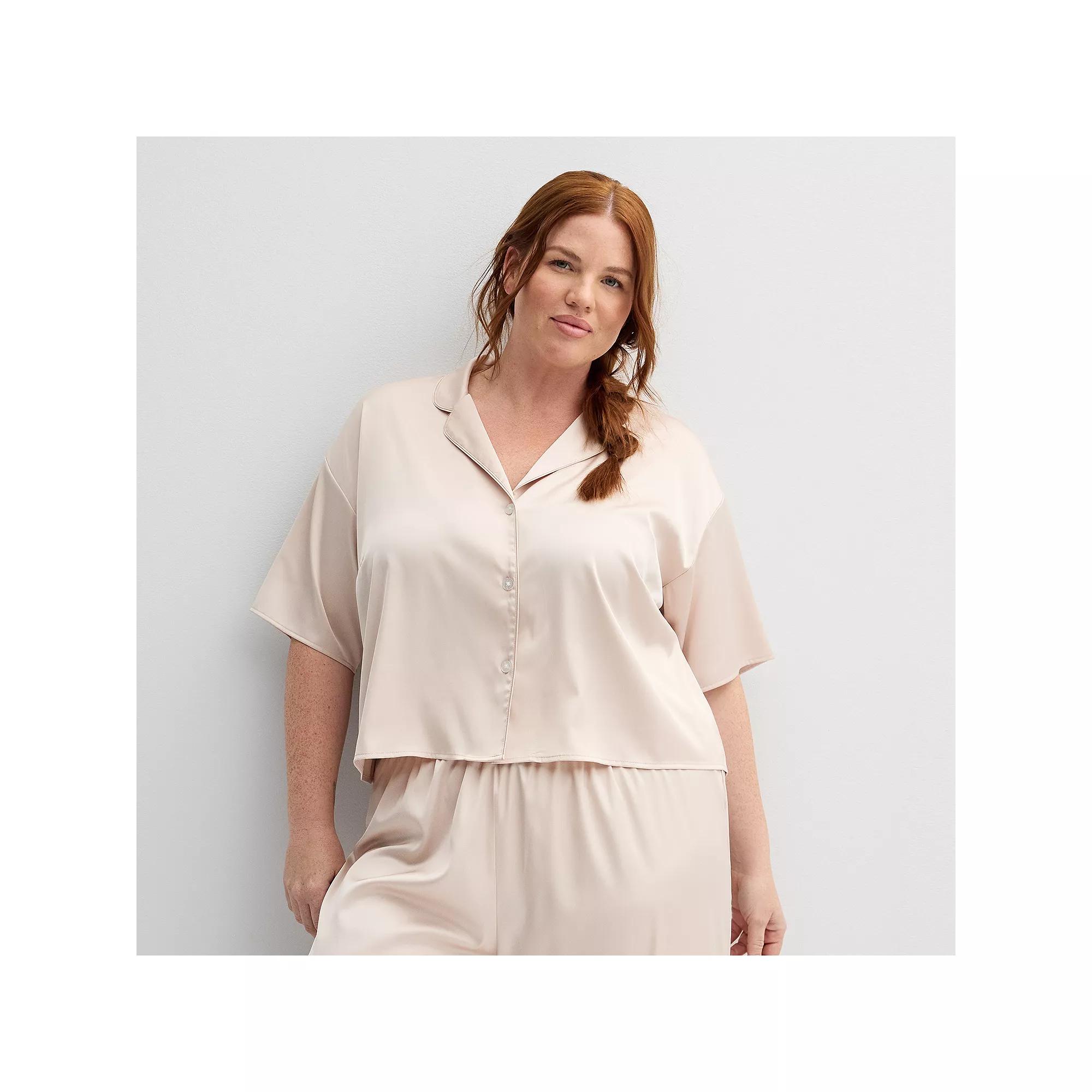 Plus Size Sonoma Goods For Life® Short Sleeve Satin Collared Pajama Top, Women's, Size: 1XL, White Product Image