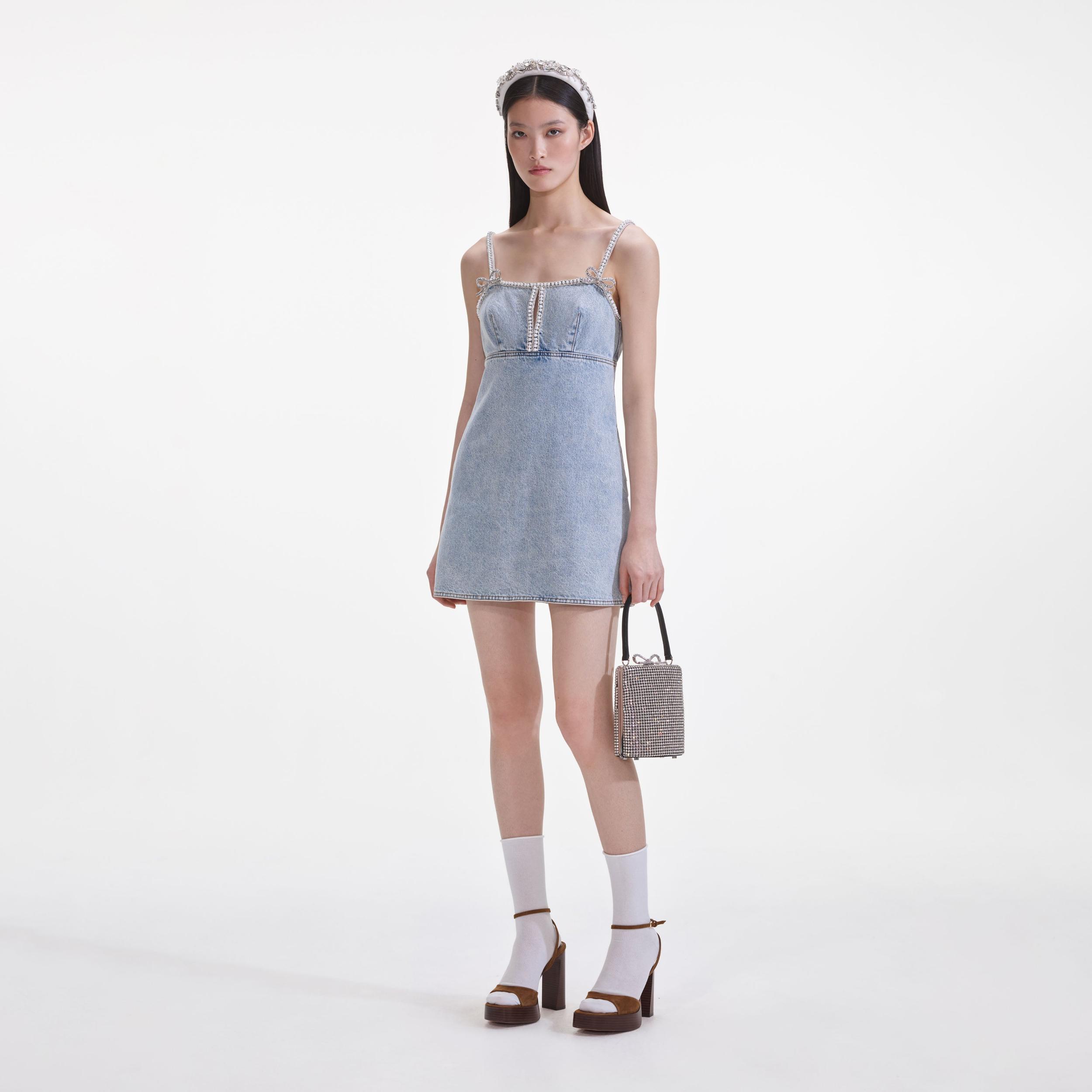 Light Blue Denim Pearl Mini Dress Product Image