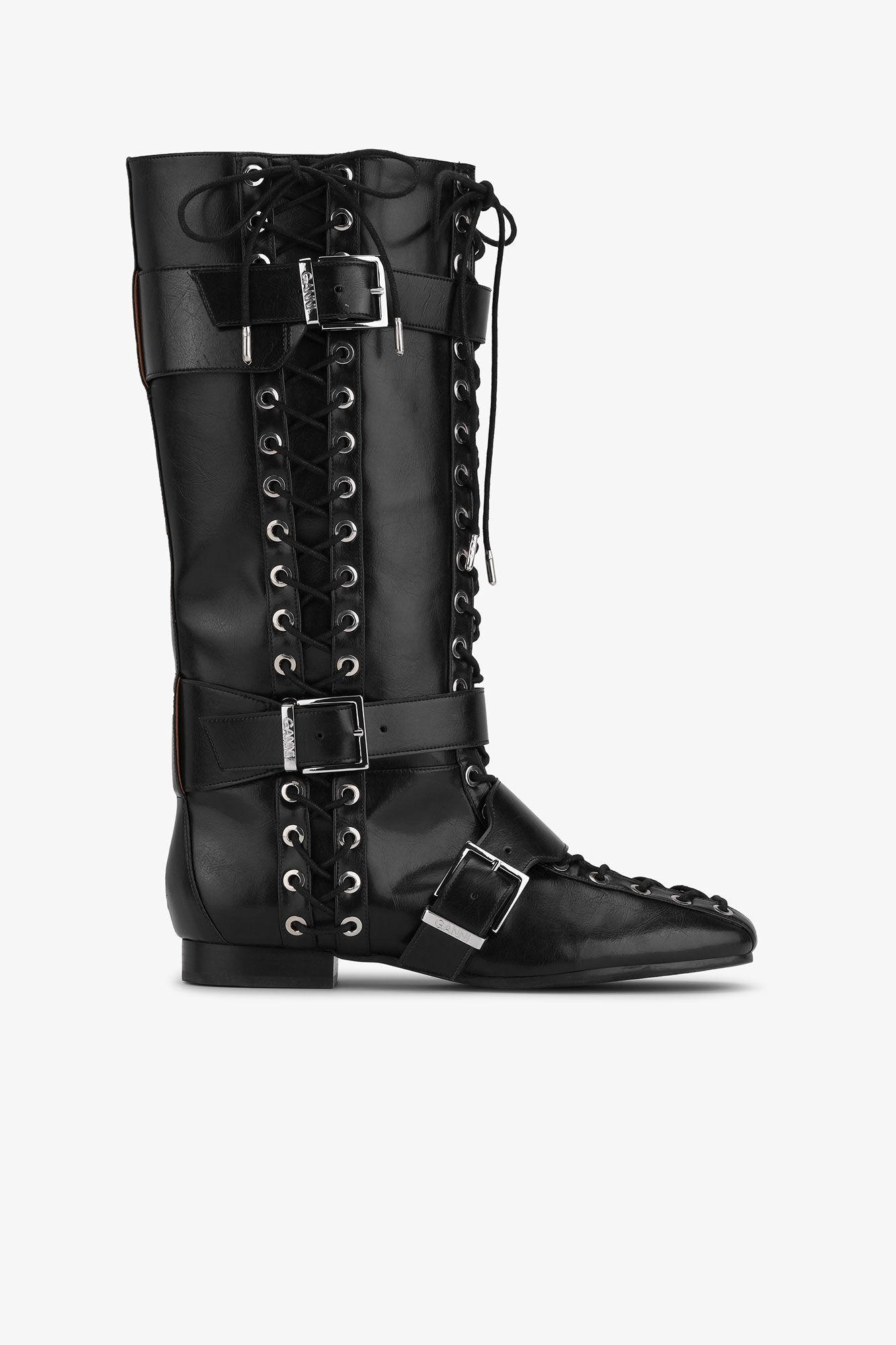 Black Crinkle Oleatex Lace-Up High Boots Product Image
