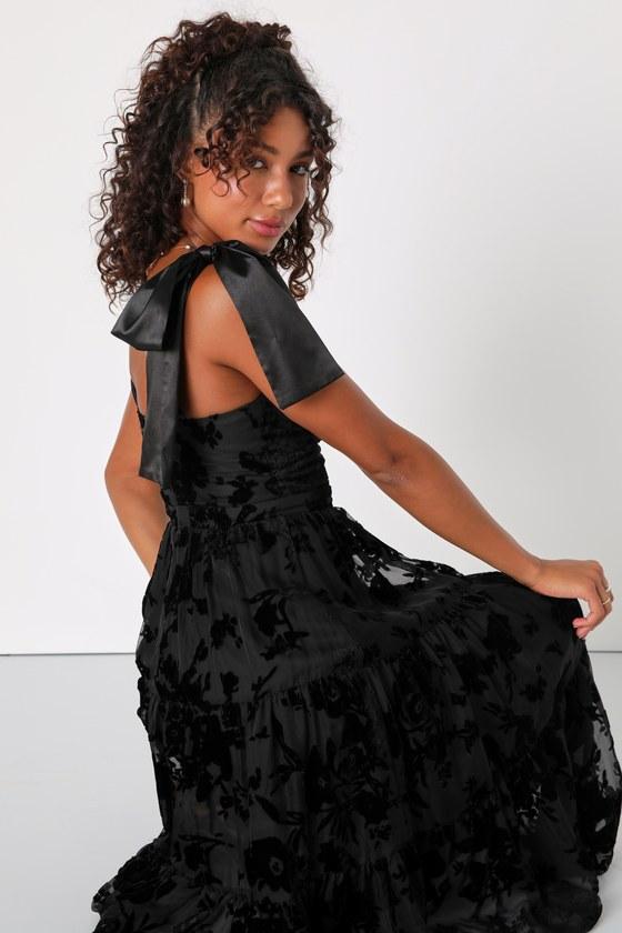 Sweet Essence Black Floral Burnout Velvet Tie-Strap Midi Dress Product Image