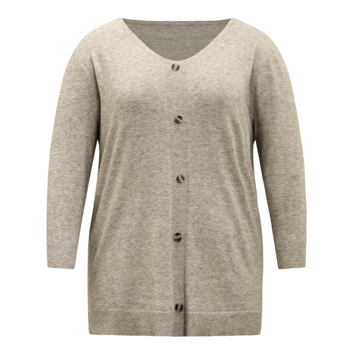 Plus Size Supersoft Essentials Button Detail Solid V Neck Cardigan Champagne Women Casual Elbow-length sleeve Dailywear Cardigans BloomChic 10/M Product Image