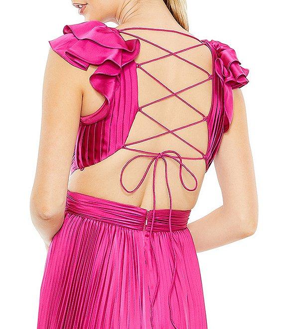 Mac Duggal Ruffled Cap Sleeve Cut Out Pleated Deep V-Neck Strappy Back Detail Satin A-Line Gown Product Image