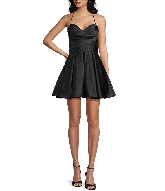 Blondie Nites Spaghetti Strap Sweetheart Drape Corset Satin Dress Product Image