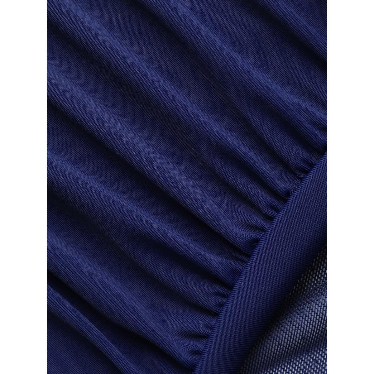 Plus Size Sheer Overlap Hem Surplice Swim Dress Women's Swimwear Indigo Beach Bodycon Overlap Collar High stretch Curve Swim Dresses BloomChic 12/L Product Image