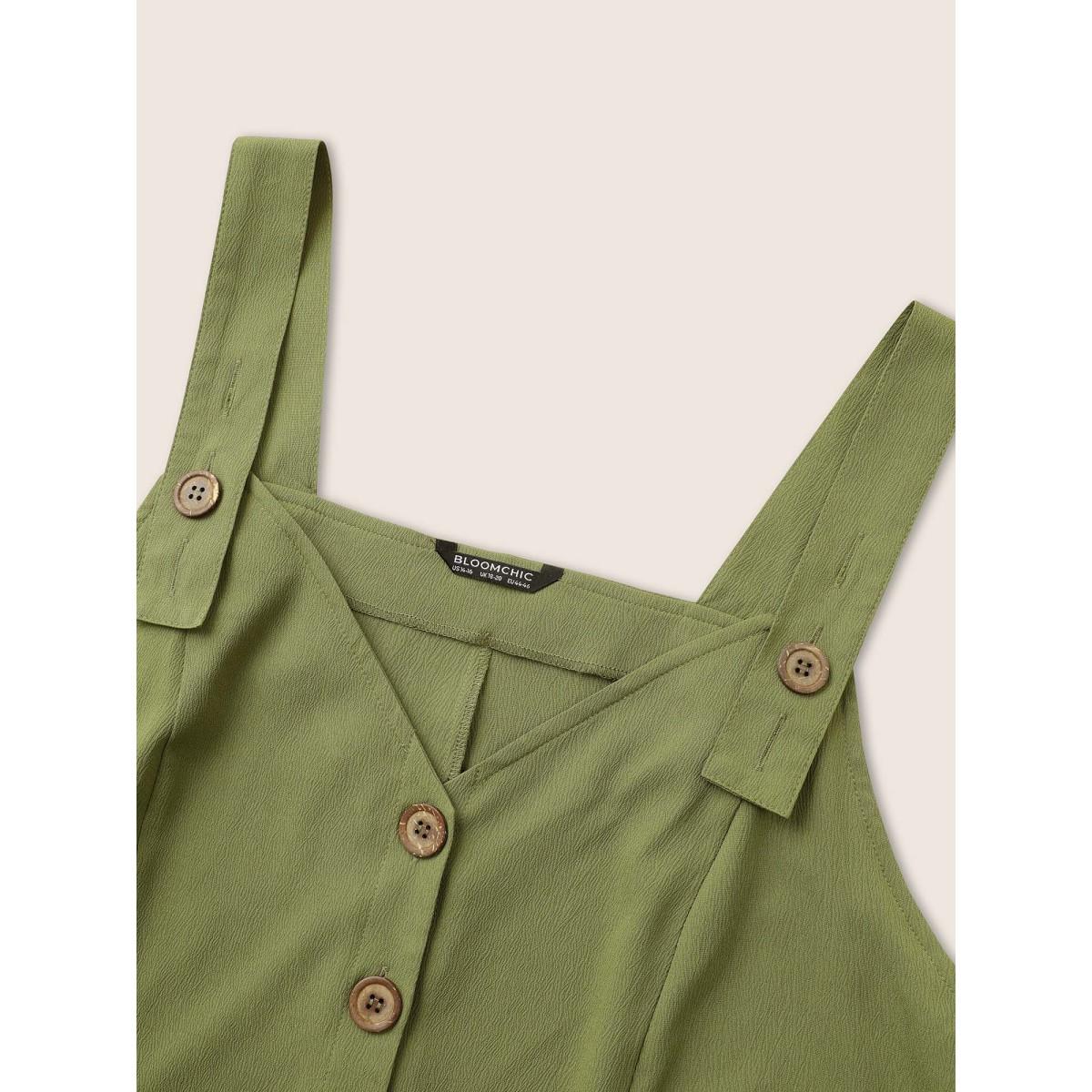 Plus Size ArmyGreen Solid Texture Button Up Crinkled Jumpsuit Women Casual Sleeveless V-neck Everyday Loose Jumpsuits BloomChic 12/L Product Image