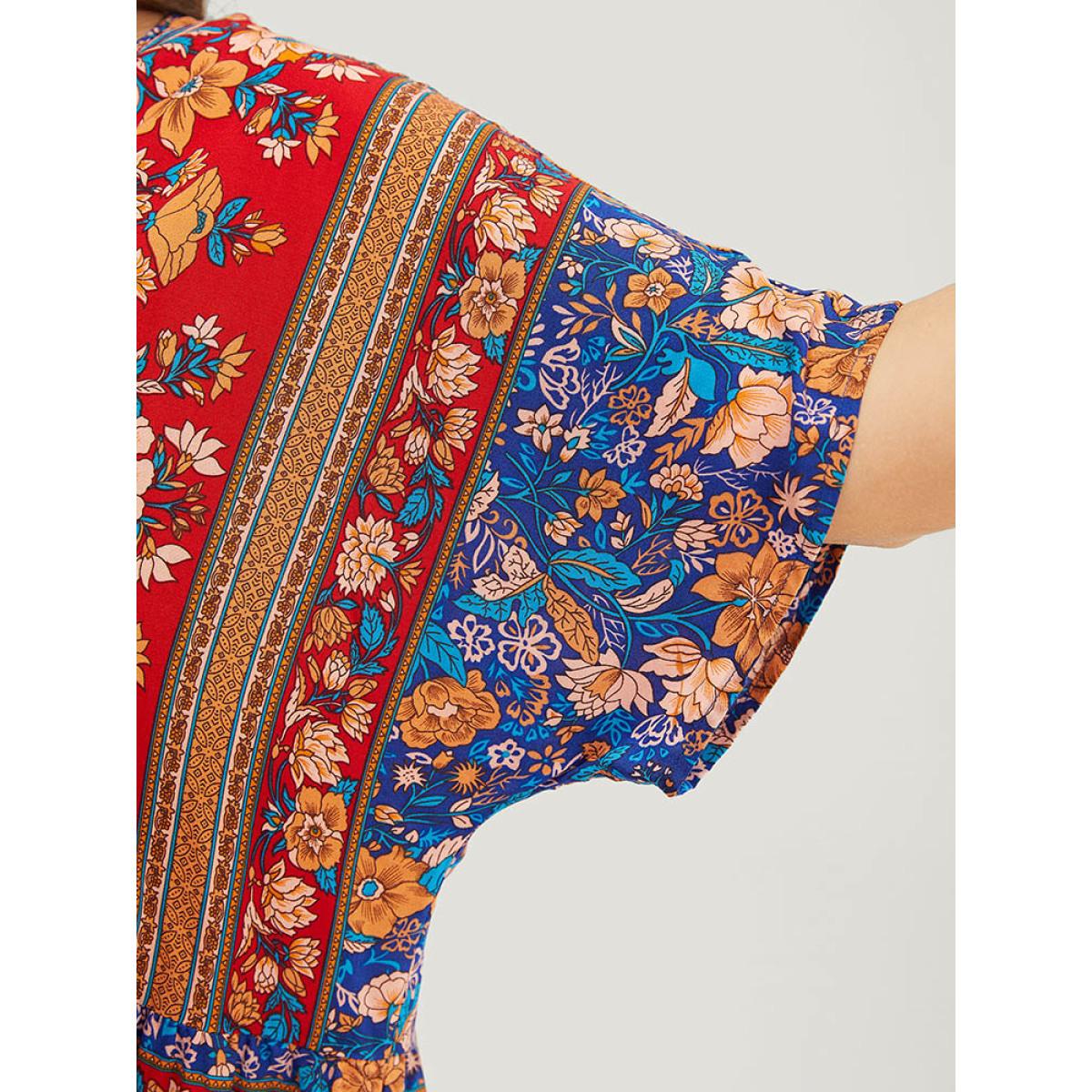 Plus Size Indigo Bandana Print Tie Neck Tassels Batwing Sleeve Blouse Women Vacation Short sleeve Tie Neck Dailywear Blouses BloomChic 12/L Product Image