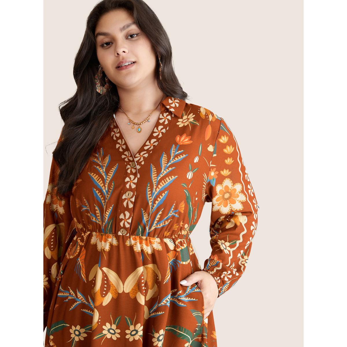 Plus Size Bandana Print Pocket Lapel Collar Elastic Cuffs Dress Brightorange Women Resort Non V-neck Long Sleeve Curvy Midi Dress BloomChic 10/M Product Image