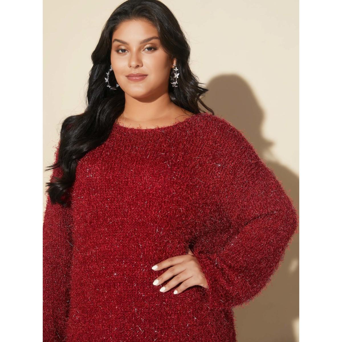 Plus Size Drop Shoulder Long Hair Yarn Pullover Scarlet Women Casual Loose Long Sleeve Round Neck Everyday Pullovers BloomChic 12/L Product Image