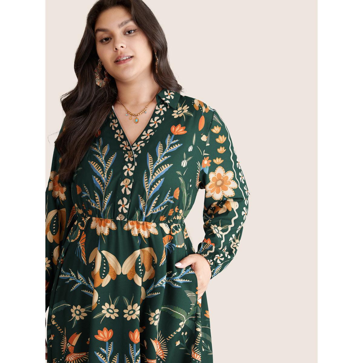 Plus Size Bandana Print Pocket Lapel Collar Elastic Cuffs Dress DarkGreen Women Resort Non V-neck Long Sleeve Curvy Midi Dress BloomChic 10/M Product Image