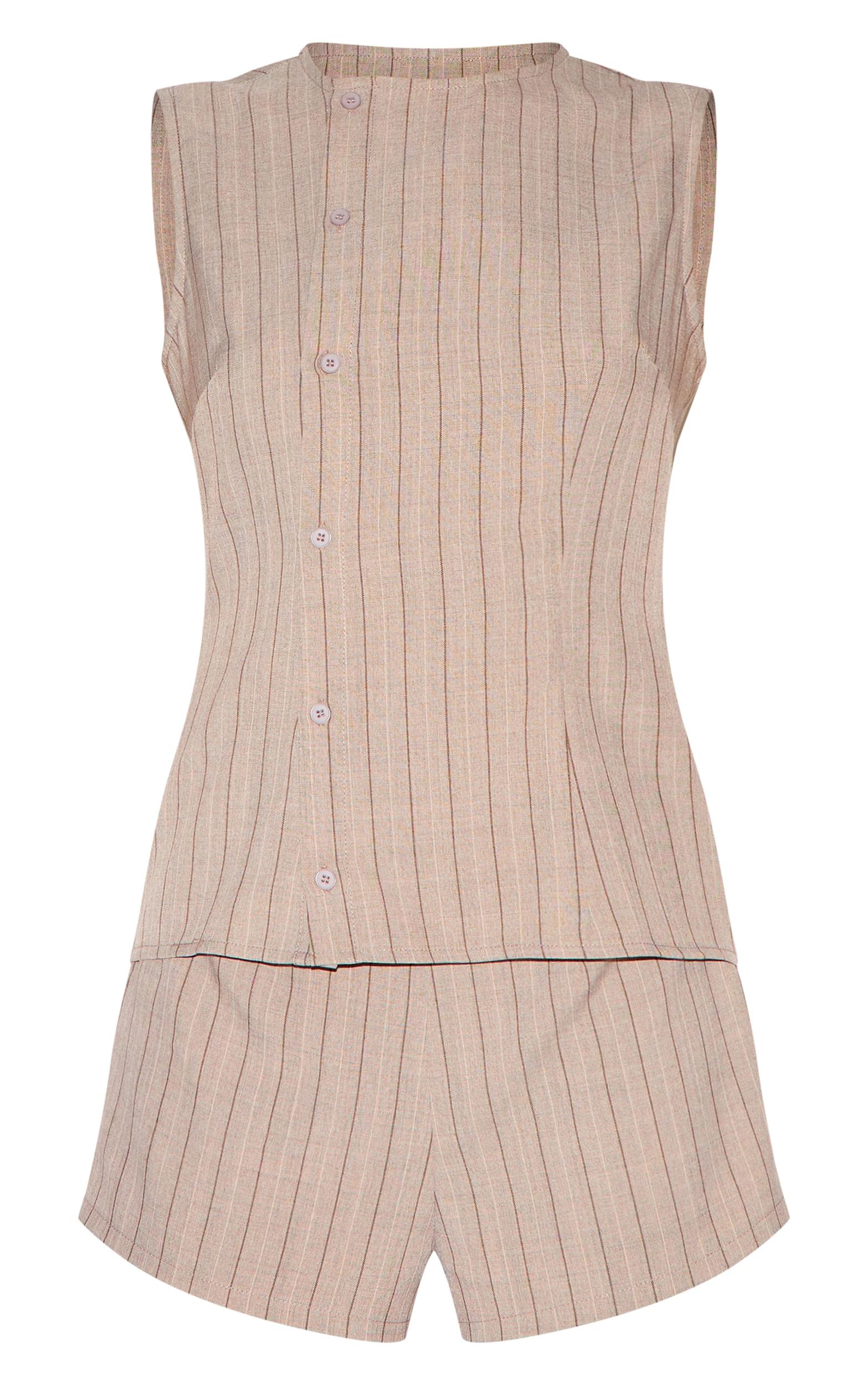 Brown Pinstripe Linen Asymmetric Button Down Romper Product Image