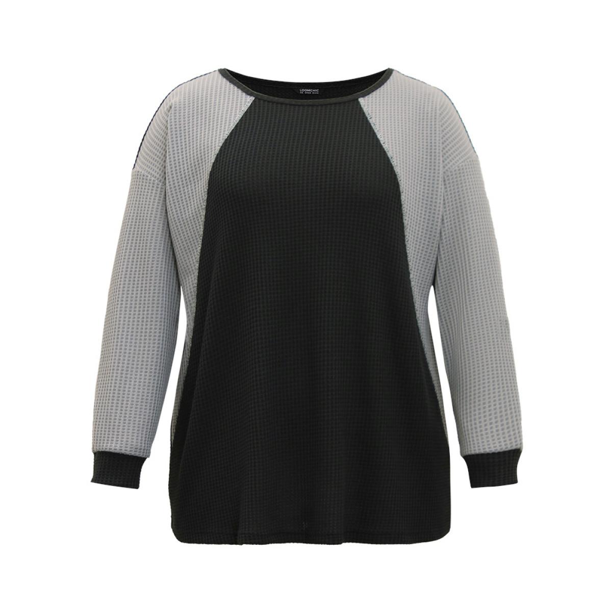 Plus Size Waffle Knit Colorblock Contrast Stitch Sweatshirt Women Black Casual Elastic cuffs Round Neck Dailywear Sweatshirts BloomChic 28/5X Product Image