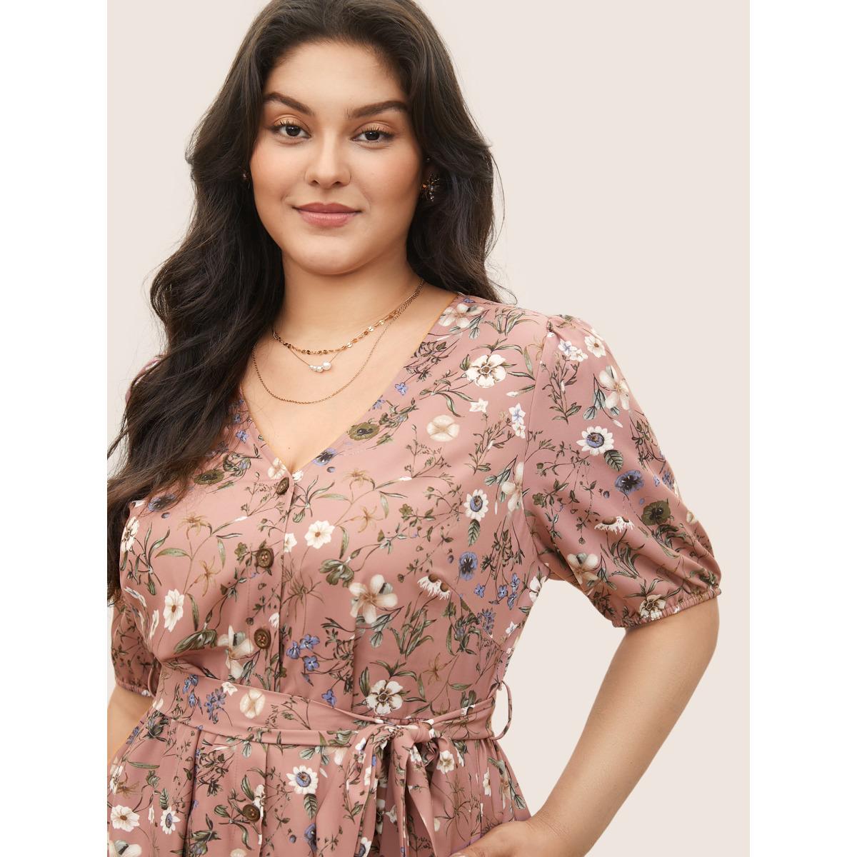 Plus Size Ditsy Floral Belted Lantern Sleeve Button Up Dress DustyPink Women Elegant Non V-neck Short sleeve Curvy Midi Dress BloomChic 22-24/3X Product Image