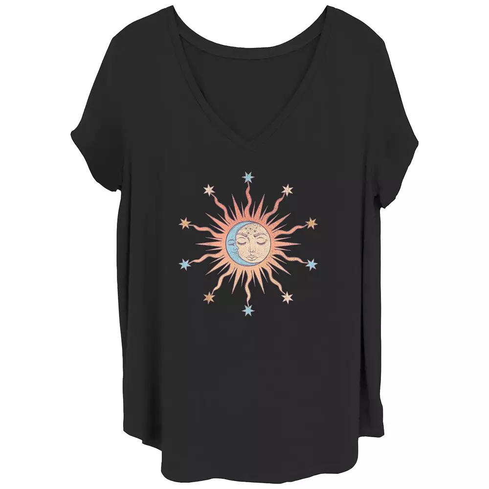 Juniors' Plus Moon And Sun Surrounded By Stars V-Neck Graphic Tee, Women's,  Product Image