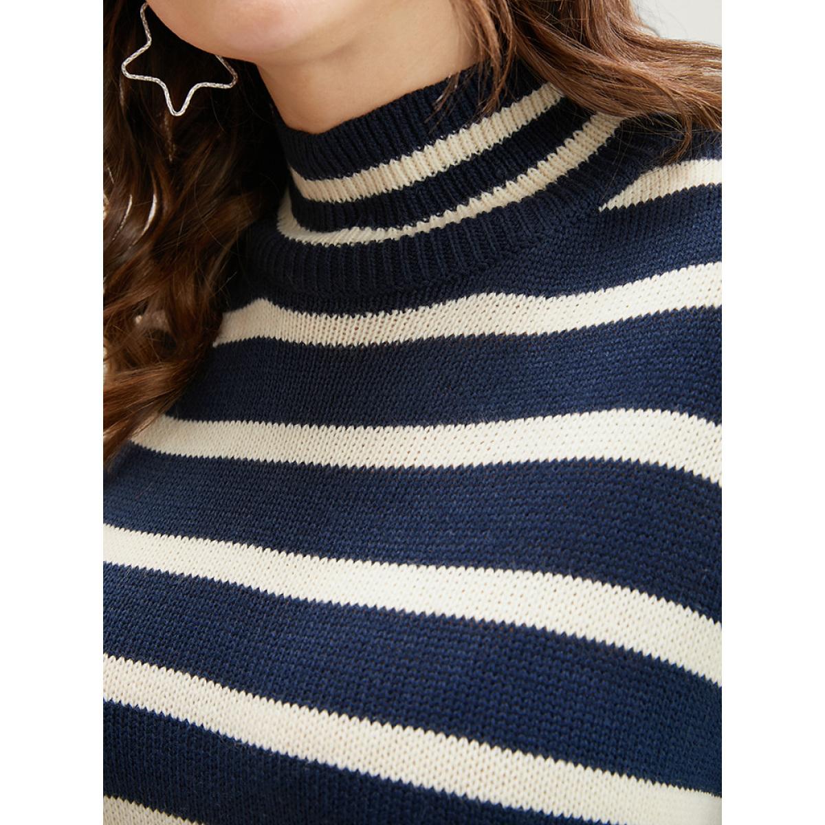 Plus Size Striped Contrast Pointelle Knit Split Hem Mock Neck Knit Top DarkBlue Women Casual Loose Long Sleeve Mock Neck Dailywear Pullovers BloomChic 26/4X Product Image