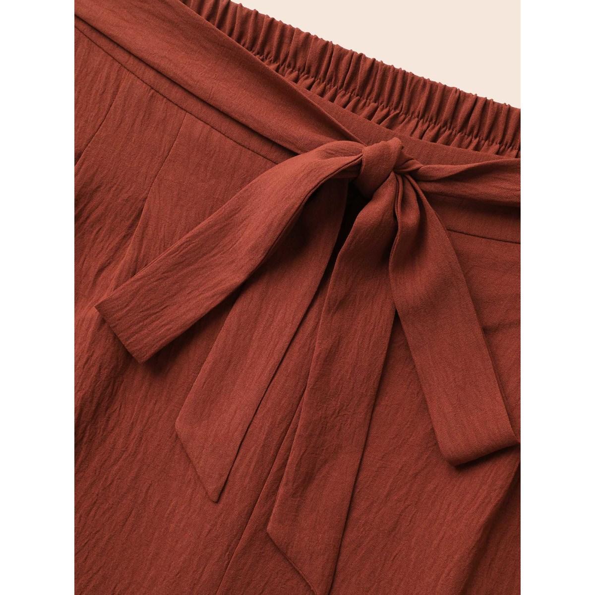 Plus Size Solid Tie Knot Wide Leg Pants Women Russet Resort Wide Leg Mid Rise Vacation Pants BloomChic 26/4X Product Image