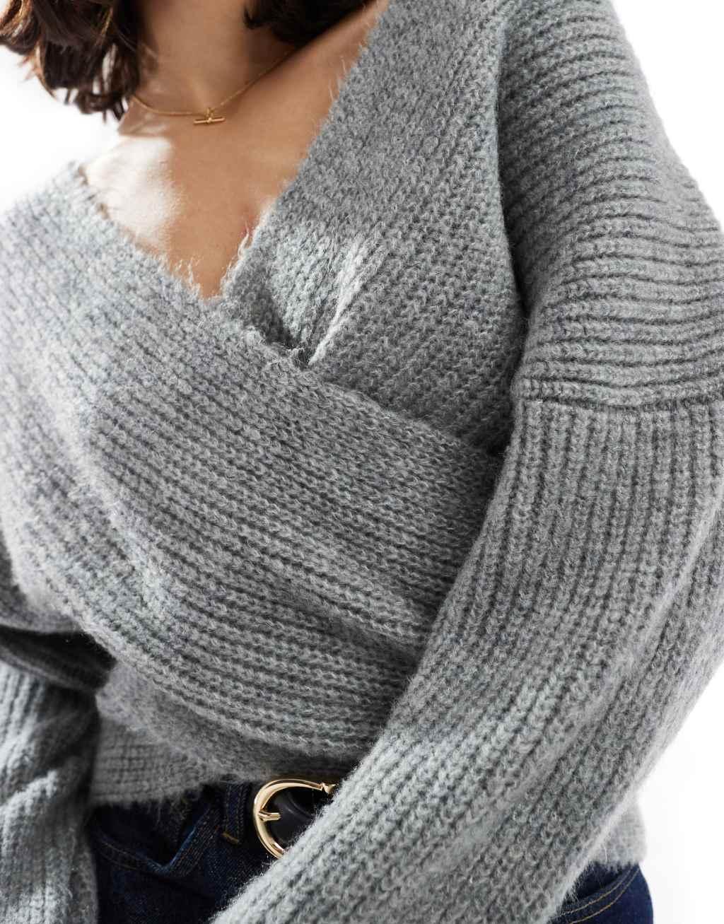 ASOS DESIGN knitted off shoulder sweater in gray Product Image