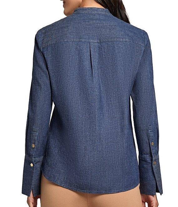 Jones New York Stretch Denim Crew Neck Long Sleeve Button-Front Top Product Image