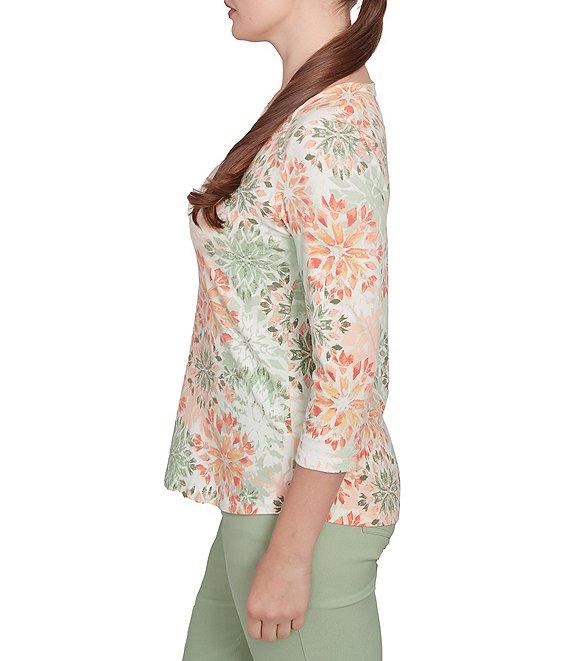 Ruby Rd.Stretch Cotton Jersey Floral Envelope Neck 3/4 Sleeve Top Product Image