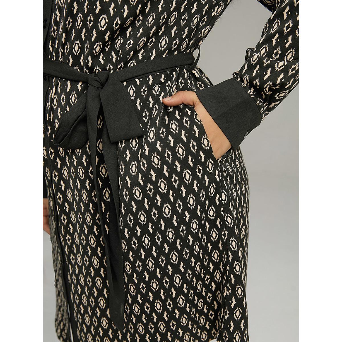 Plus Size Geometric Patched Pocket Arc Hem Dress Black Women Office Belted Shirt collar Long Sleeve Curvy Midi Dress BloomChic 10/M Product Image