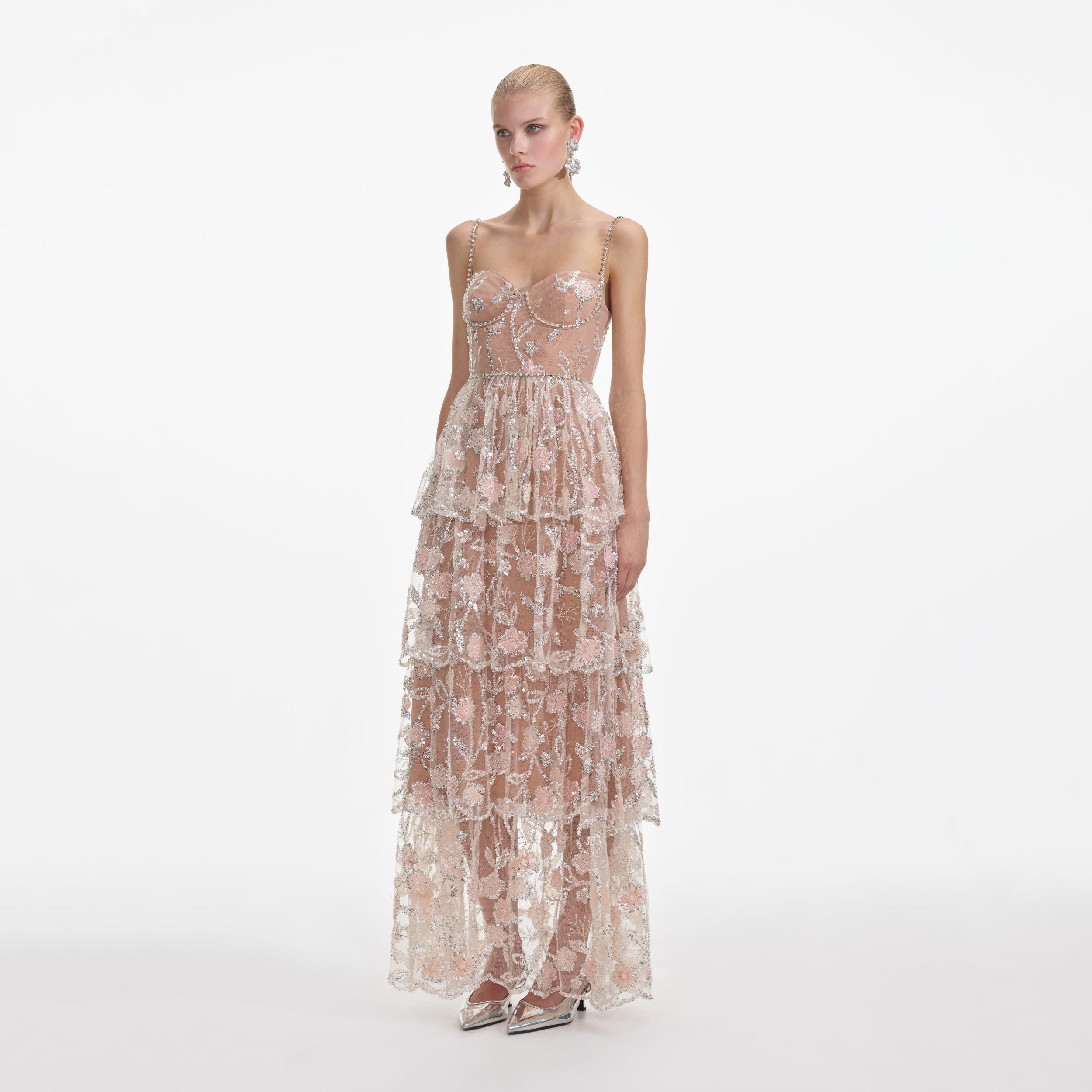 Flower Sequin Tier Maxi Dress Product Image