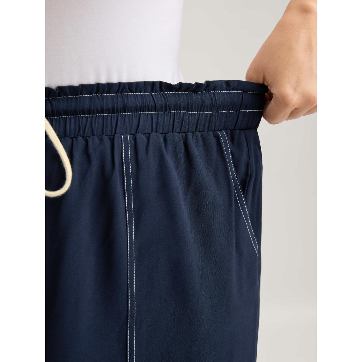 Plus Size Contrast Thread Detail Wide-Leg Pants Women Indigo Leisure Loose Mid Rise Casual Pants BloomChic 28/5X Product Image